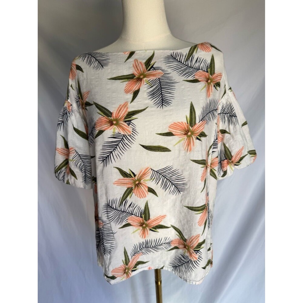 Umgee Boho Tropical Floral Puff Sleeve Boat Neck Top - Small